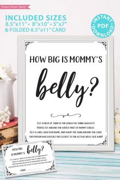 How big is mommy's belly sign and card - game baby shower game printable games instant download Press Print Party!