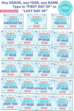 first day of school sign printable blue notebook style. last day of school sign editable. all grades from preschool and kindergarten to 12th grade.- Press Print Party!