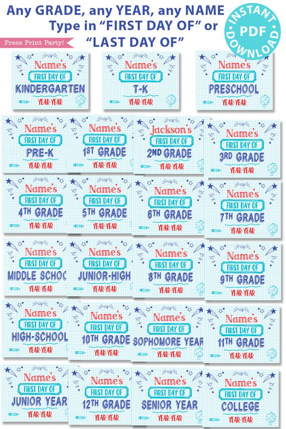 first day of school sign printable blue notebook style. last day of school sign editable. all grades from preschool and kindergarten to 12th grade.- Press Print Party!