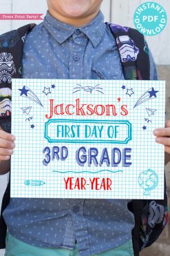 first day of school sign printable notebook style. last day of school sign editable. First day of 3rd grade - Press Print Party!