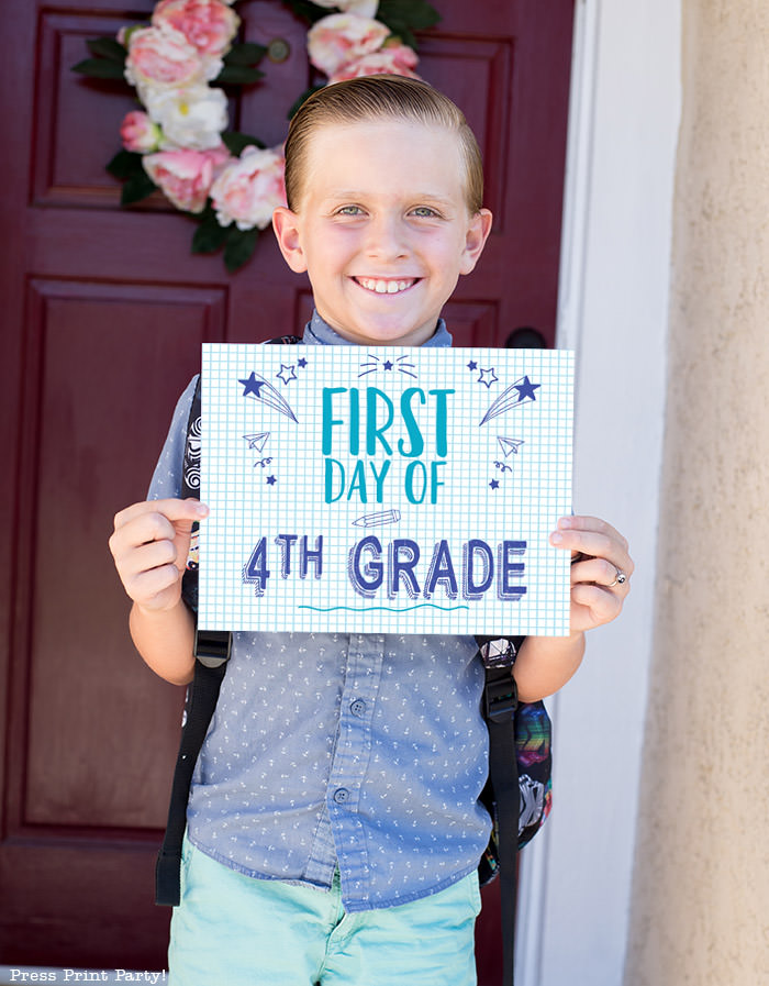 FREE First day of school signs printable - Back to school photo ideas - picture of 1 boy standing. First day of 4th grade. By Press Print Party!