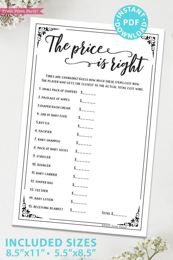 BABY SHOWER The Price is Right Game Fun for Guests Parties 16 A6 Size 