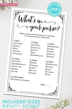What's in your purse printable baby shower game or bridal shower game. Press Print Party!
