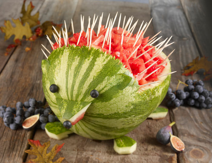 watermelon carving hedgehog. cheap party food option party on a budget food ideas