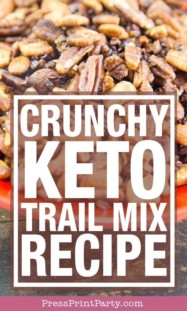 crunchy keto trail mix recipe with catalina crunch cereal, almonds, cocoa nibs, serve, and pecans.