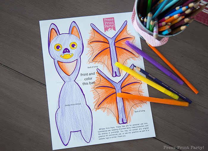 Free printable Halloween craft for kids - printable bat coloring page - Press Print Party! DIY Halloween decoration ideas.