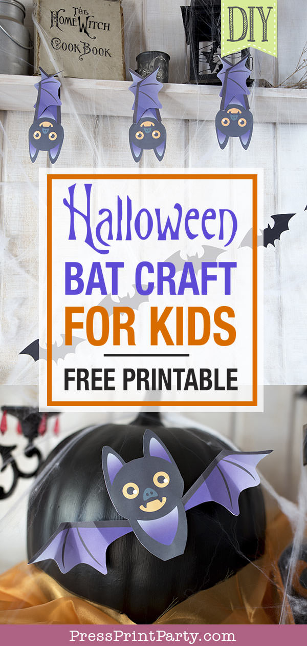 Free printable Halloween craft for kids - printable bat on a black pumpkin - Press Print Party! DIY Halloween decoration ideas. Halloween bat craft for kids. with Halloween coloring pages