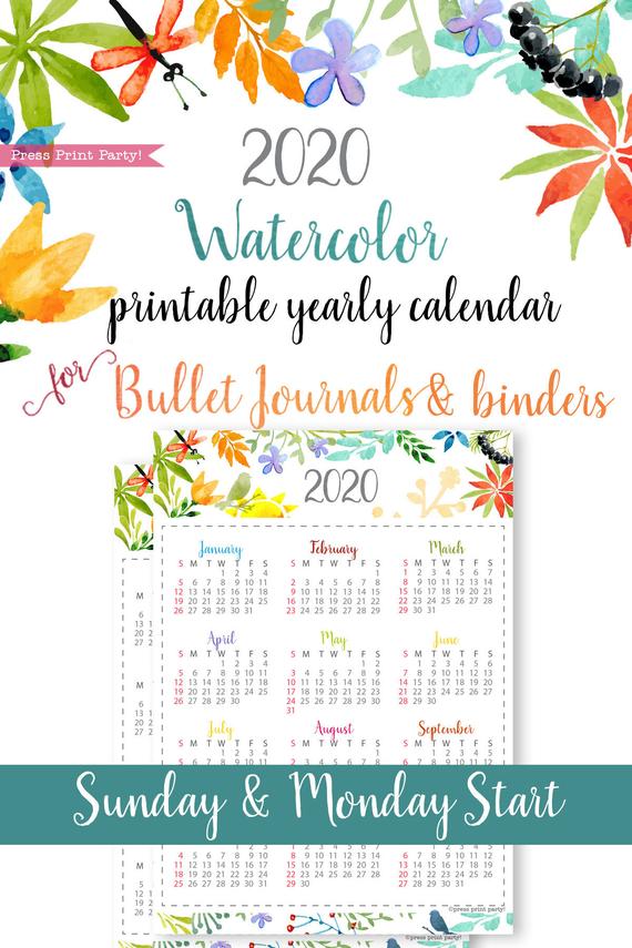 2020 One Page Bullet Journal Calendar Watercolors Press Print Party