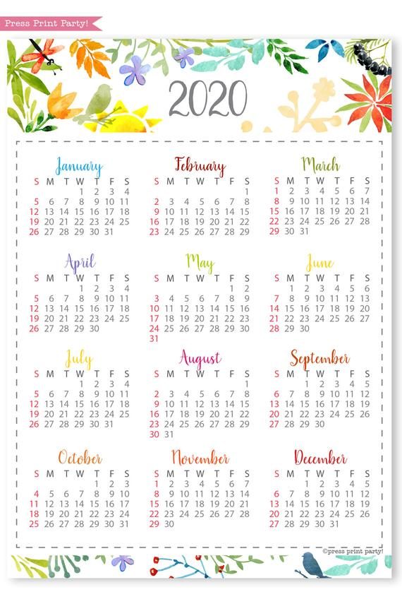 2020 One Page Calendar Printable Watercolor 2020 One Page Calendar Printable Watercolor