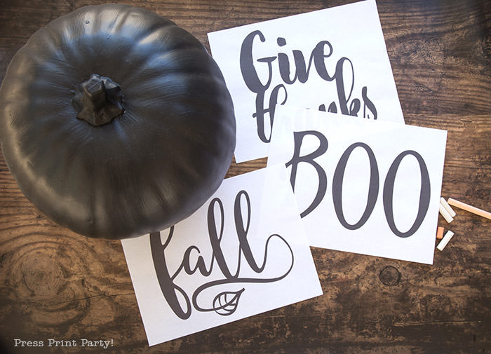 3 Chalkboard pumpkins with free printables. chalk lettering designs with give thanks for thanksgiving decor, BOO for Halloween decor, and fall for fall decor - Press Print Party!