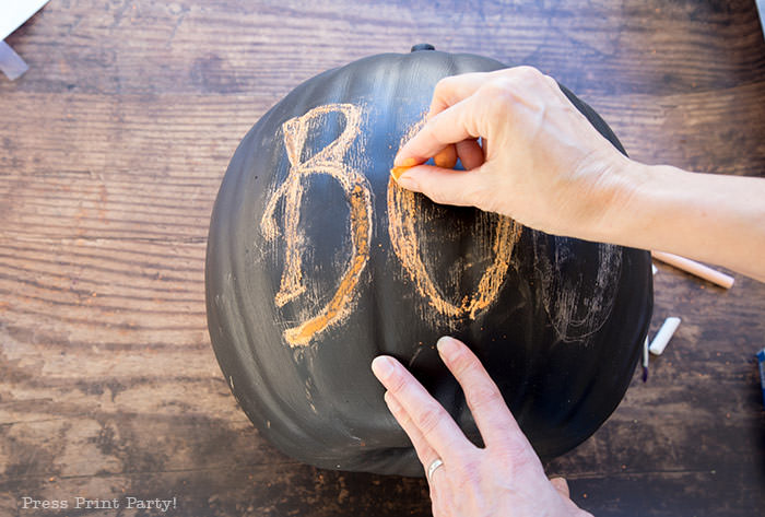 How to do chalk lettering on a chalkboard pumpkin step 5- Press Print Party!