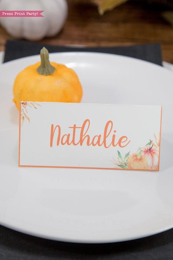 Thanksgiving place cards printable, thanksgiving table decor, pumpkin svg, instant download, pdf, Thanksgiving table setting ideas, tent card, food card, pumpkin decor, pumpkin printable, Farmhouse decor, white wood, rustic place cards. little pumpkin baby shower, Press Print Party!