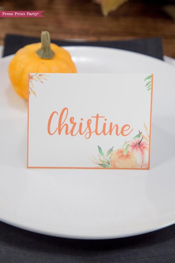 Thanksgiving place cards printable, thanksgiving table decor, pumpkin svg, instant download, pdf, Thanksgiving table setting ideas, tent card, food card, pumpkin decor, pumpkin printable, Farmhouse decor, white wood, rustic place cards. little pumpkin baby shower, Press Print Party!
