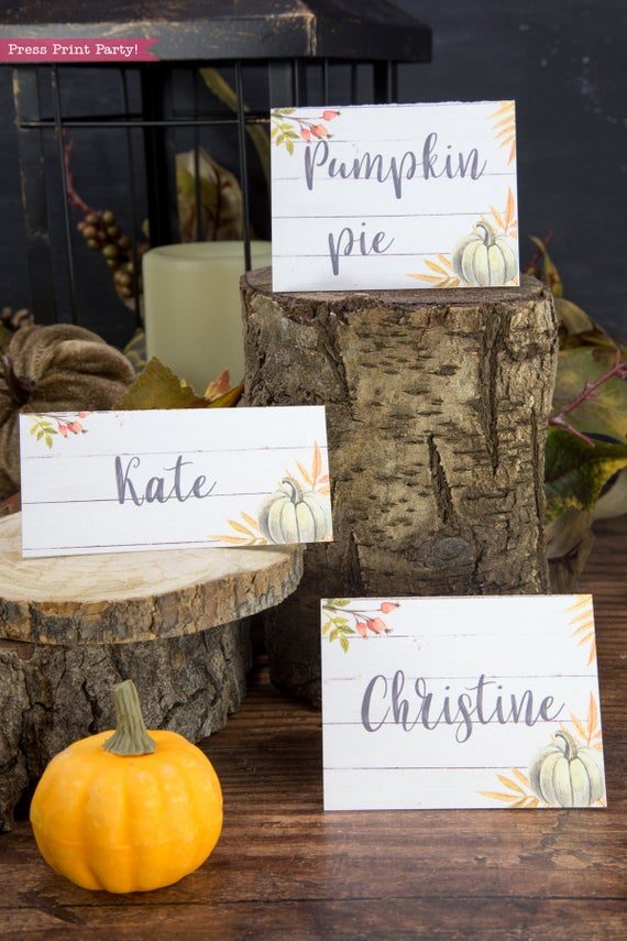 Thanksgiving place cards printable, thanksgiving table decor, pumpkin svg, instant download, pdf, Thanksgiving table setting ideas, tent card, food card, pumpkin decor, pumpkin printable, Farmhouse decor, white wood, rustic place cards. Green pumpkin, Press Print Party!