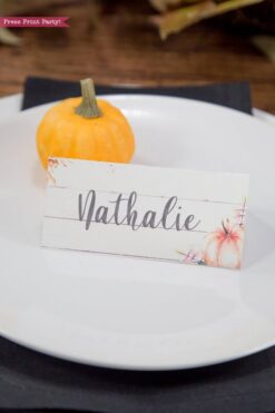 Thanksgiving place cards printable, thanksgiving table decor, pumpkin svg, instant download, pdf, Thanksgiving table setting ideas, tent card, food card, pumpkin decor, pumpkin printable, Farmhouse decor, white wood, rustic place cards. Press Print Party!