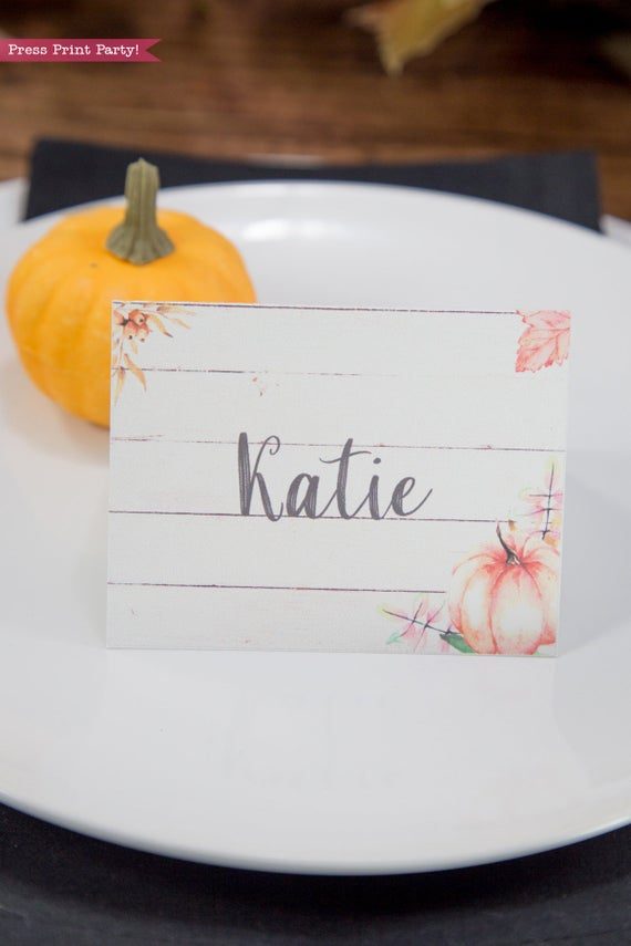 Thanksgiving place cards printable, thanksgiving table decor, pumpkin svg, instant download, pdf, Thanksgiving table setting ideas, tent card, food card, pumpkin decor, pumpkin printable, Farmhouse decor, white wood, rustic place cards. Press Print Party!