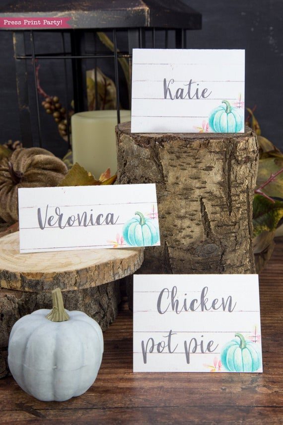 Thanksgiving place cards printable, thanksgiving table decor, pumpkin svg, instant download, pdf, Thanksgiving table setting ideas, tent card, food card, pumpkin decor, pumpkin printable, Teal pumpkin decor, rustic, Farmhouse decor, white wood, rustic place cards., Press Print Party!