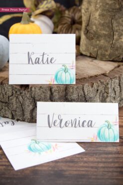 Thanksgiving place cards printable, thanksgiving table decor, pumpkin svg, instant download, pdf, Thanksgiving table setting ideas, tent card, food card, pumpkin decor, pumpkin printable, Teal pumpkin decor, rustic, Farmhouse decor, white wood, rustic place cards., Press Print Party!