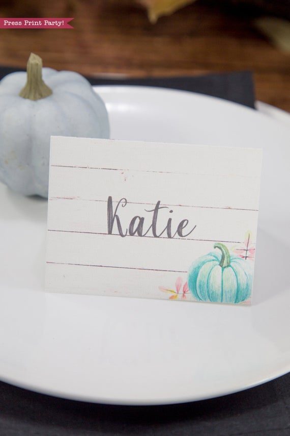 Thanksgiving place cards printable, thanksgiving table decor, pumpkin svg, instant download, pdf, Thanksgiving table setting ideas, tent card, food card, pumpkin decor, pumpkin printable, Teal pumpkin decor, rustic, Farmhouse decor, white wood, rustic place cards., Press Print Party!