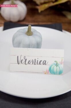 Thanksgiving place cards printable, thanksgiving table decor, pumpkin svg, instant download, pdf, Thanksgiving table setting ideas, tent card, food card, pumpkin decor, pumpkin printable, Teal pumpkin decor, rustic, Farmhouse decor, white wood, rustic place cards., Press Print Party!