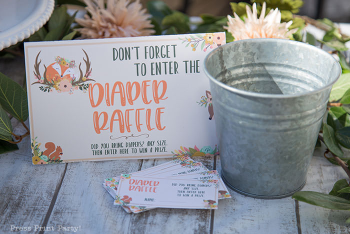 diaper raffle sign printable with tickets. Woodland animals Baby Shower Theme with woodland creatures and forest animals party supplies. Woodland decoration girl baby shower ideas. Can be used for woodland birthday party. Rustic forest animals with flowers and antlers. Fox baby shower, Deer baby shower.