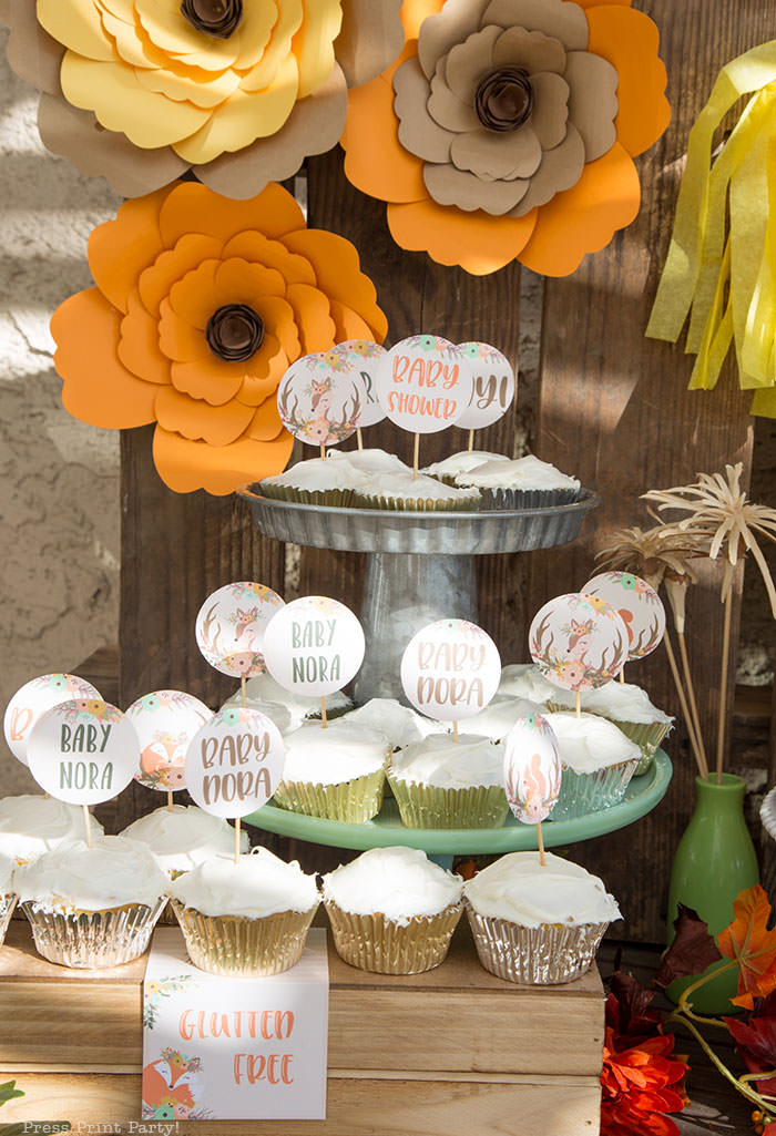 woodland baby shower backdrop and cupcakes with rustic forest animals fox deer ideas