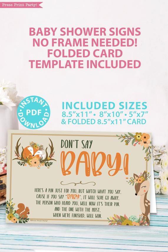 dont' say baby game sign - 8x10, 5x7, 8.5x11, Woodland baby shower games and signs w woodland creatures and forest animals like a cute fox, deer, and squirrel. Press Print Party Instant Download
