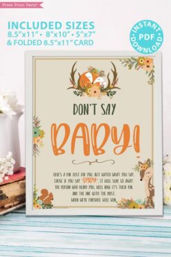 dont' say baby game sign - 8x10, 5x7, 8.5x11, Woodland baby shower games and signs w woodland creatures and forest animals like a cute fox, deer, and squirrel. Press Print Party Instant Download