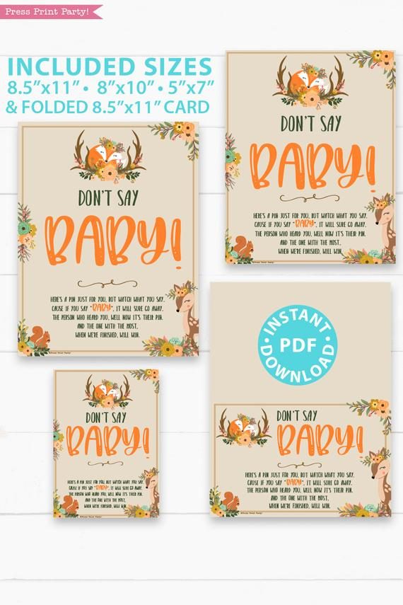 dont' say baby game sign - 8x10, 5x7, 8.5x11, Woodland baby shower games and signs w woodland creatures and forest animals like a cute fox, deer, and squirrel. Press Print Party Instant Download