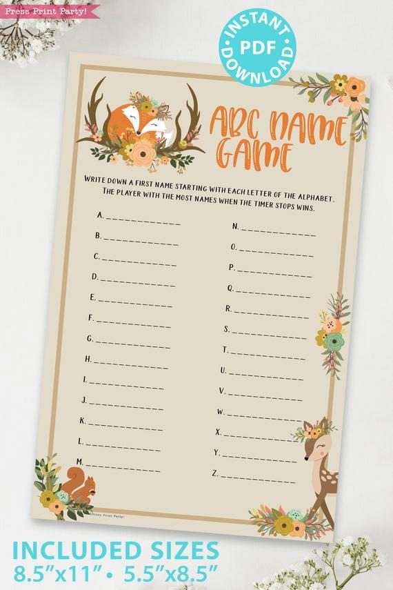 abc name game - Woodland baby shower games and signs w woodland creatures and forest animals like a cute fox, deer, and squirrel. Press Print Party Instant Download