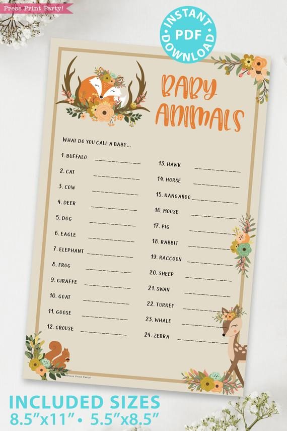 baby animals - Woodland baby shower games and signs w woodland creatures and forest animals like a cute fox, deer, and squirrel. Press Print Party Instant Download