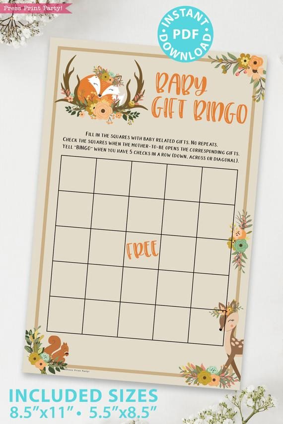 baby girft bingo - Woodland baby shower games and signs w woodland creatures and forest animals like a cute fox, deer, and squirrel. Press Print Party Instant Download