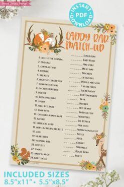 candy bar match up game - Woodland baby shower games and signs w woodland creatures and forest animals like a cute fox, deer, and squirrel. Press Print Party Instant Download