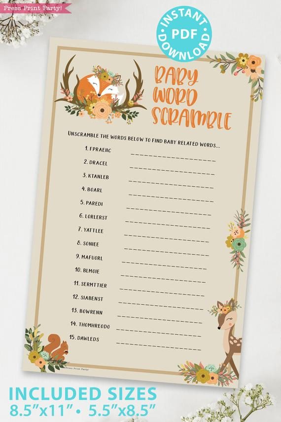 Baby Word Scramble - Woodland baby shower games and signs w woodland creatures and forest animals like a cute fox, deer, and squirrel. Press Print Party Instant Download