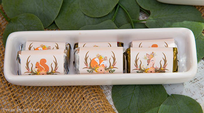 Woodland baby shower hershey mini wrappers printables. 