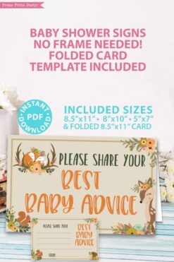 please give your best baby advice - with card - Woodland baby shower games and signs w woodland creatures and forest animals like a cute fox, deer, and squirrel. Press Print Party Instant Download