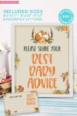 please give your best baby advice - with card - Woodland baby shower games and signs w woodland creatures and forest animals like a cute fox, deer, and squirrel. Press Print Party Instant Download