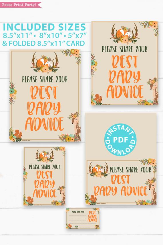 please give your best baby advice - with card - Woodland baby shower games and signs w woodland creatures and forest animals like a cute fox, deer, and squirrel. Press Print Party Instant Download
