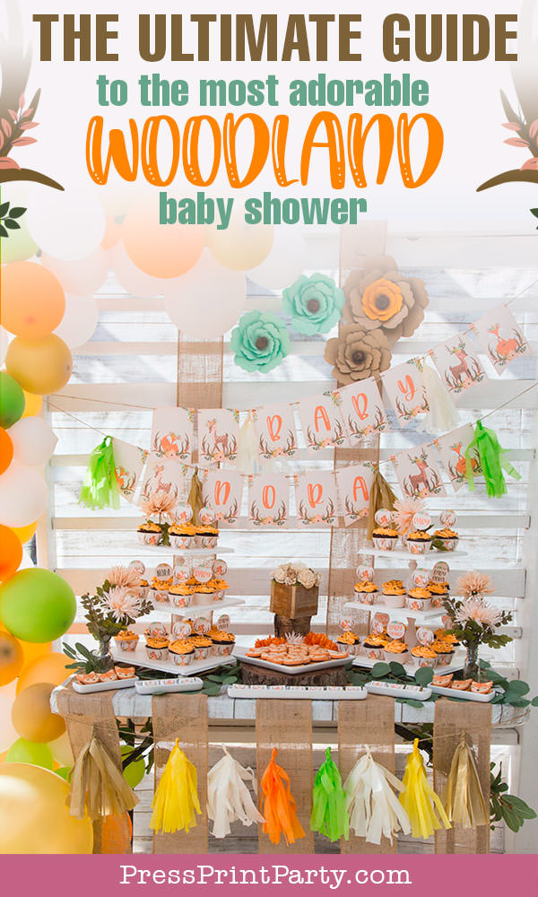 The ultimate guide to the most adorable woodland baby shower. Woodland animals Baby Shower Theme with woodland creatures and forest animals party supplies. Woodland decoration girl baby shower ideas. Can be used for woodland birthday party. Rustic forest animals with flowers and antlers. Fox baby shower, Deer baby shower. Banner, invitation, thank you cards, backdrop, food ideas, kit, Woodland Baby shower game printables. Downloadable templates. , Press Print Party!