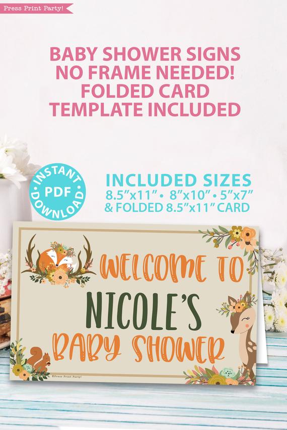 Welcome to baby shower sign with editable name - Woodland baby shower games and signs w woodland creatures and forest animals like a cute fox, deer, and squirrel. Press Print Party Instant Download