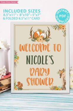 Welcome to baby shower sign with editable name - Woodland baby shower games and signs w woodland creatures and forest animals like a cute fox, deer, and squirrel. Press Print Party Instant Download