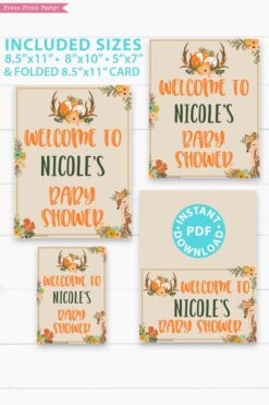 Welcome to baby shower sign with editable name - Woodland baby shower games and signs w woodland creatures and forest animals like a cute fox, deer, and squirrel. Press Print Party Instant Download