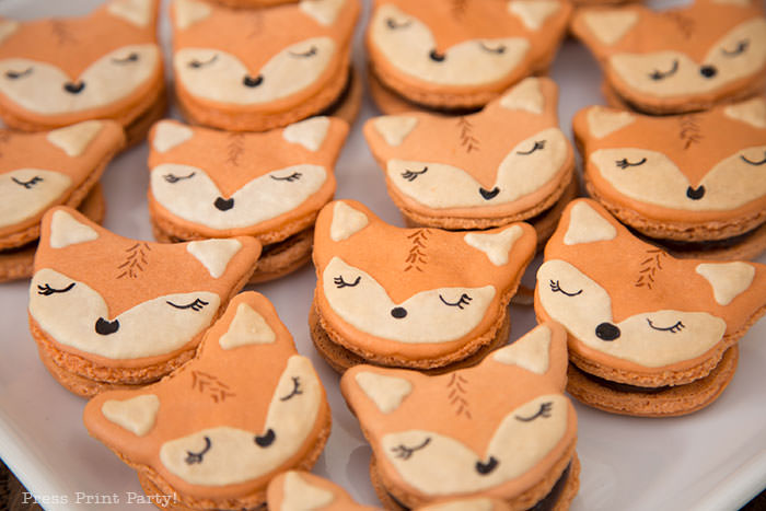 baby fox macarons with hazelnut filling. sleeping fox. Woodland animals Baby Shower Theme with woodland creatures and forest animals party supplies. Woodland decoration girl baby shower ideas. Can be used for woodland birthday party. Rustic forest animals with flowers and antlers. Fox baby shower, Deer baby shower.