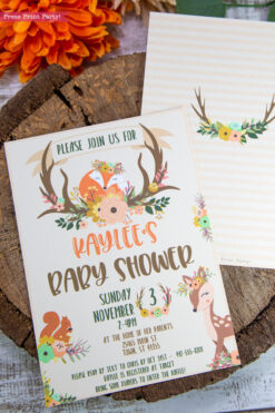 Woodland animals baby shower invitation printable. w envelopes and labels. with woodland creatures like a cute fox, deer and squirrel. Woodland theme idea for girls or boys. Rustic Forest Animals baby shower. Instant download By Press Print Party!