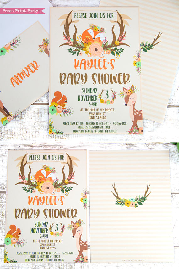 Woodland animals baby shower invitation printable. w envelopes and labels. with woodland creatures like a cute fox, deer and squirrel. Woodland theme idea for girls or boys. Rustic Forest Animals baby shower. Instant download By Press Print Party!