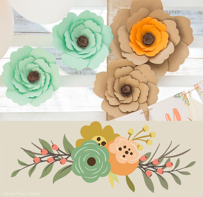 woodland baby shower paper flowers in green and brown and kraft paper and orange. 