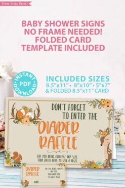 diaper raffle sign. Don't forget to enter the diaper raffle. With ticket - card- Woodland baby shower games and signs w woodland creatures and forest animals like a cute fox, deer, and squirrel. Press Print Party Instant Download