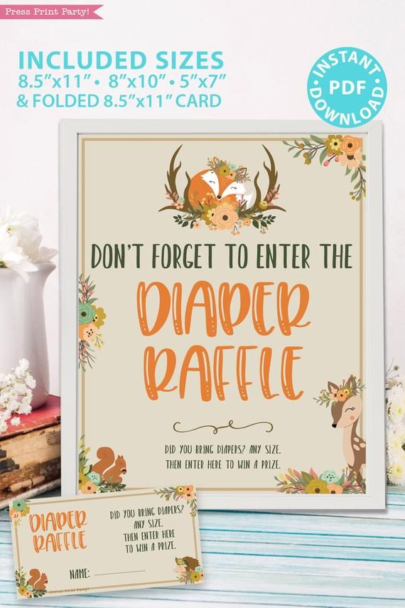 diaper raffle sign. Don't forget to enter the diaper raffle. With ticket - card- Woodland baby shower games and signs w woodland creatures and forest animals like a cute fox, deer, and squirrel. Press Print Party Instant Download