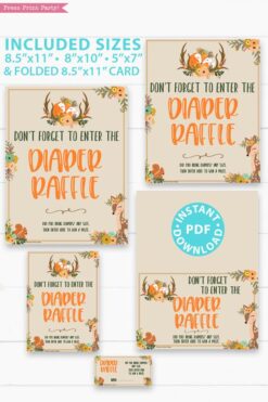diaper raffle sign. Don't forget to enter the diaper raffle. With ticket - card- Woodland baby shower games and signs w woodland creatures and forest animals like a cute fox, deer, and squirrel. Press Print Party Instant Download