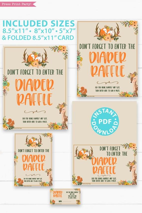 diaper raffle sign. Don't forget to enter the diaper raffle. With ticket - card- Woodland baby shower games and signs w woodland creatures and forest animals like a cute fox, deer, and squirrel. Press Print Party Instant Download